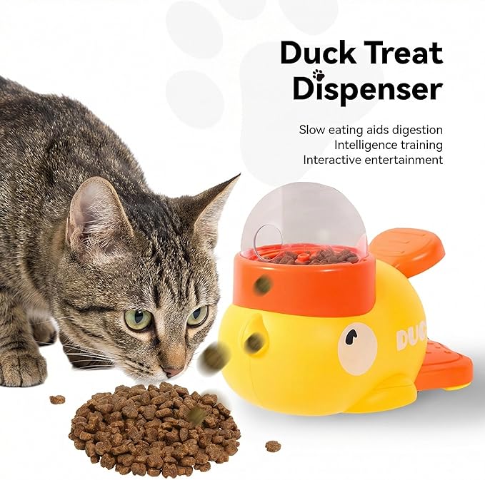 Yellow Duck Cat Treat Dispenser with 3 Lids, Anti-Slip Interactive Slow Puzzle Feeder for Dogs & Cats,2-in-1 Interactive Dog Toys Food Puzzle Slow Feeder for Small Medium Pet (Yellow)