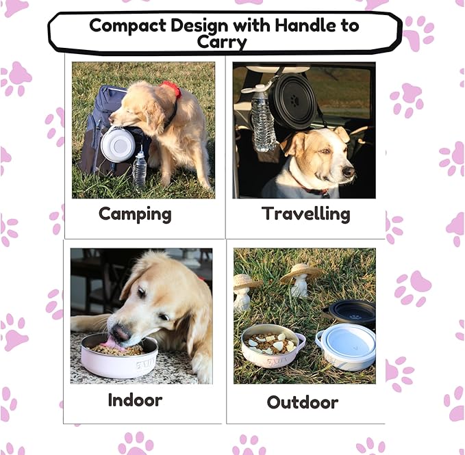 3-in-1 Travel Dog Bowl Set – 30 OZ Stainless Steel + 20 OZ Collapsible Water Bowl Lid | BPA-Free, Anti-Slip, Portable Dog Bowl w/Handle/Water Bottle Holder with Carabiner | Pink Bowls