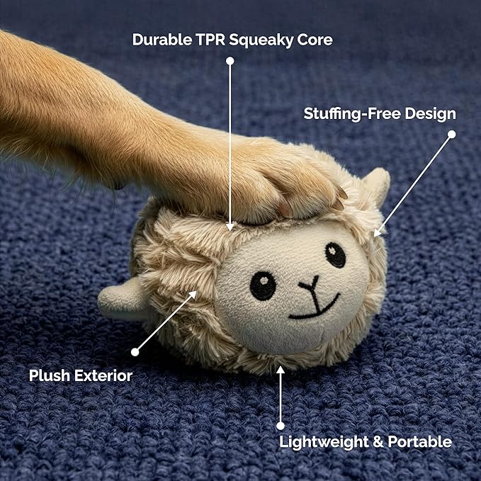 Pet Lou 4" EZ Squeaky Lamb Ball Dog Toy, Durable TPR Squeaky Ball with Plush Cover, Stuffing-Free Lamb Dog Toy for Small & Medium Breeds, Bouncy & Water-Floating