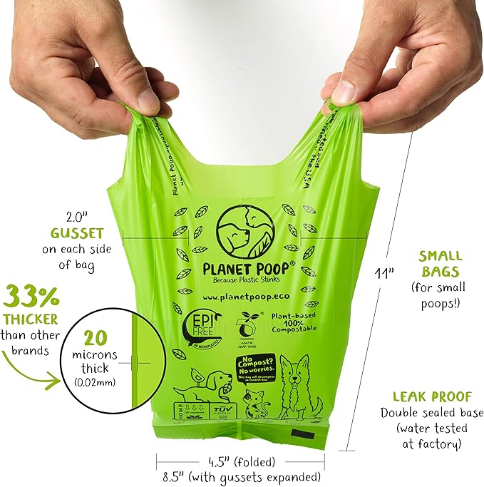 PLANET POOP Home Compostable Dog Poop Bags for Small Pets, 60 Mini Size Dog Waste Bags with Handles, Un-Scented Leakproof Doggy or Cat Bag, Plant Based Pet Supplies