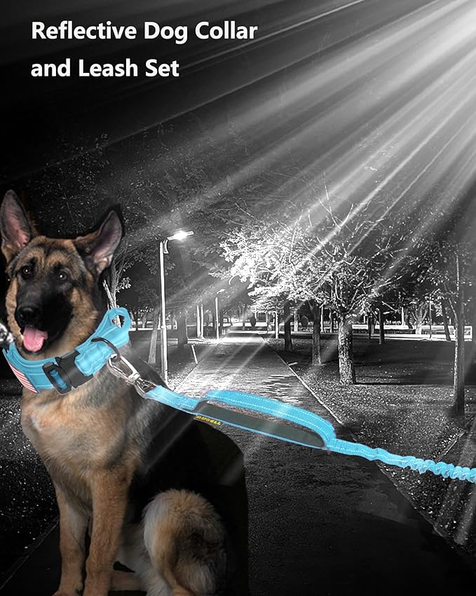 AUBELL Tactical Dog Collar and Leash Set, Reflective Adjustable Heavy Duty Military K9 Collars with Handle and Metal Buckle for Medium Dogs, with Airtag Case and 2 Patches(Blue,M)