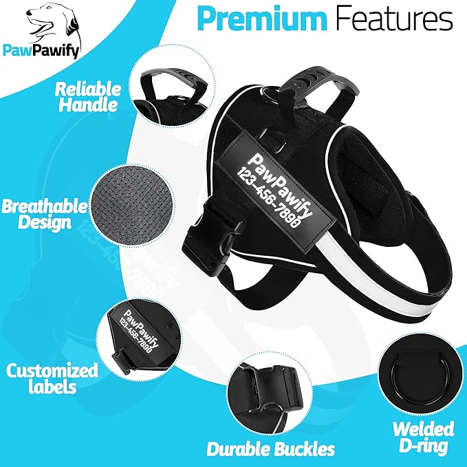 PawPawify Personalized No Pull Dog Harness with 2 Custom Name & Phone Patches, Reflective Breathable Pet Vest for Walking Training, Adjustable Heavy Duty Service Dog Vest for Small Medium Large Dogs