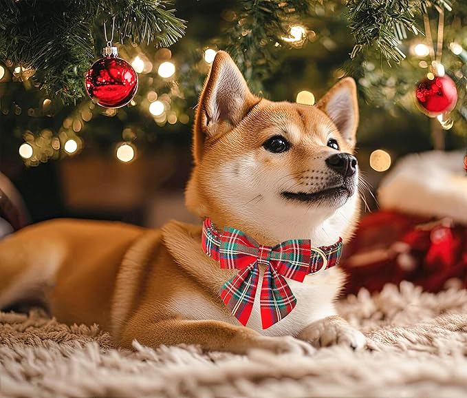 Tunkoo Christmas Dog Collar with Pretty Bow Tie - Red & Green Plaid Pet Collar, Adjustable Available in Small Medium Large, Gift for Girls Boys Dog, L