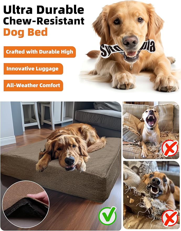 Sytopia Indestructible 42 Inch Orthopedic Waterproof Dog Crate Bed chew Proof for Extra Large Dogs, Removable Washable Cover, Egg Crate Foam Mat, Suitable for Dogs Up to 100 Lbs, Brown