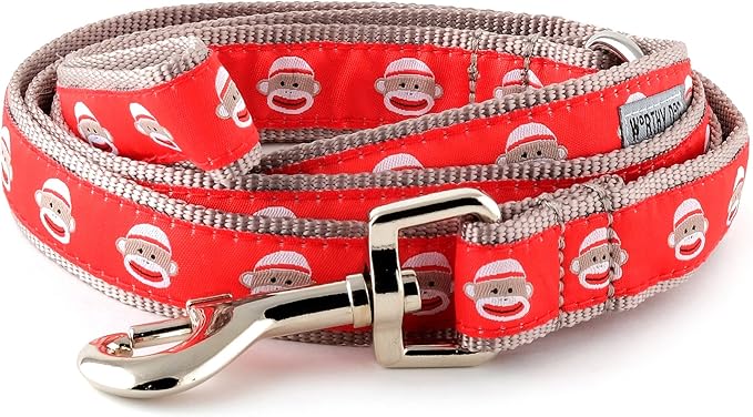 THE WORTHY DOG Stylish Sock Monkey Patterned Leash for Dogs, Solid Nickel Plated - Red, Small