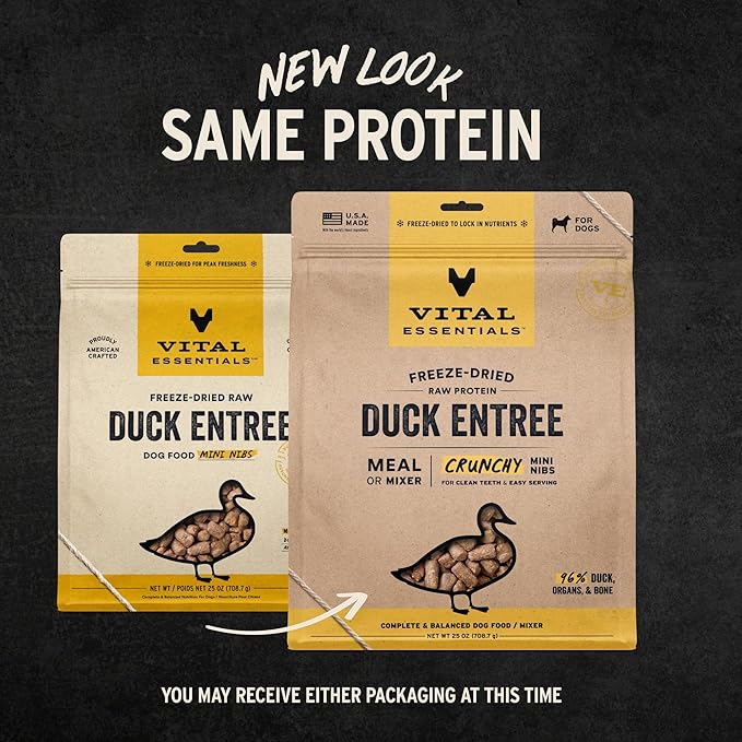 Vital Essentials Freeze Dried Dog Food, Raw Duck Crunchy Mini Nibs | Complete Meal or Mixer | High Protein, Low Carb, Grain Free, Dry Dog Food | 25 oz