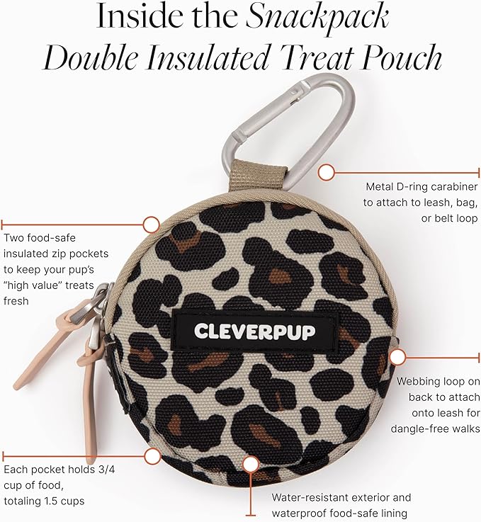 Cleverpup Snackpack Double Insulated Dog Treat Pouch – 1.5 Cup Capacity, 2 BPA-Free Waterproof Zipper Pockets, Carabiner for Belt/Leash – Compact Training & Travel Bag – Leopard