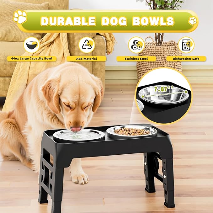 Elevated Dog Bowls for Medium Large Dogs - 5 Height Adjustable Mess Proof Raised Bowl Stand with 2 44oz Stainless Steel Food Bowls Dish Set Adjusts to 3.54’’-12.13’’ Non-Slip Black (DB-B)