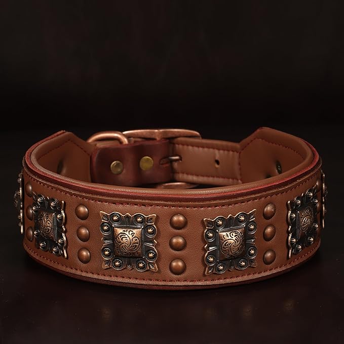 PET ARTIST Genuine Leather Dog Collar for Large Dogs, 2 inch Wide Luxury Dog Collar with Rivet Studded & Metal Buckle, Comfortable & Stylish Pet Collars for Great Dane Rottweiler,Brown,Neck 22-25"