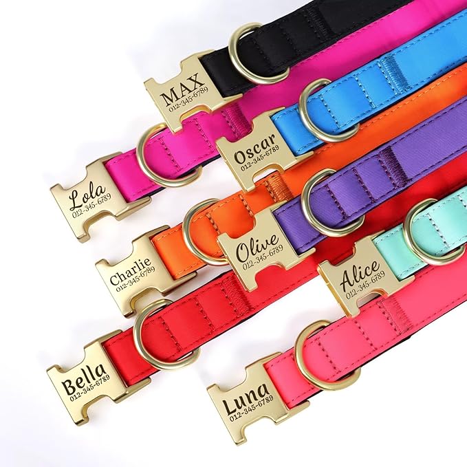 PET ARTIST Colorful Personalized Dog Collars, Custom Dog Collar with Silent Engraved ID Tag, Lightweight Breathable Nylon & Soft Padded, Matching Leash & Poop Bag for Large Dogs,Black,L Fit 15-23"