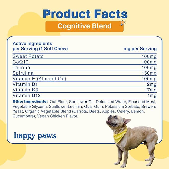 Happy Paws Cognitive Supplement for Dogs, Chicken Soft Chews with Taurine, Spirulina, CoQ10 & Vitamins B1, B3, B12, Supports Cognitive Function, Memory and Focus, Chews for Small to Large Dogs