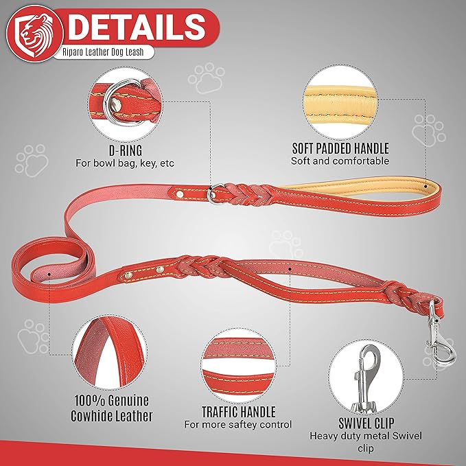 Riparo Leather Dog Leash 6ft with 2 Handles Padded Traffic Handle for Extra Control, Leather Dog Leashes for Large Breed Dogs Training Walking Heavy Duty Leashes for Dogs (Red, L: 3/4" x6ft)