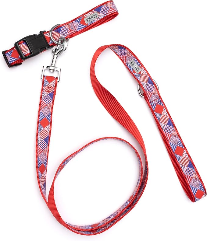 THE WORTHY DOG Collar for Large Dogs, Adjusts 15-21 inches, Durable Nylon Webbing, Quick Release Buckle, Americana Pattern, Red/White/Blue, Large
