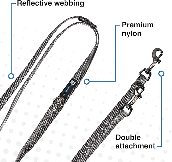 Blue-9 Reflective Multi-Function Dog Leash, Double Attachment Adjustable Lead for Obedience Training and Running, 6 Feet, Made in The USA, Small/Medium, Grey