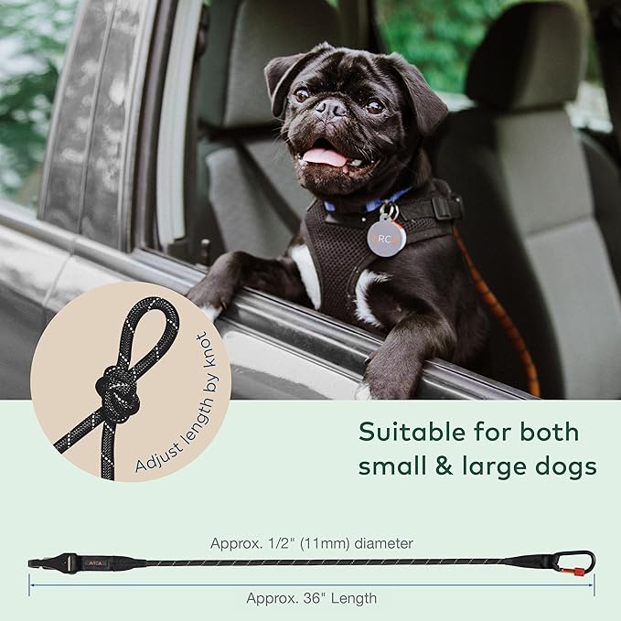 Dog Seat Belt for Car | Universal Dog Car Seatbelt | Durable Reflective Rope with Clip Hook Latch, Buckle and Carabiner- Safe and Secure Pet Safety Restraint (Black)