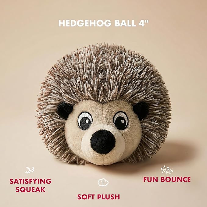 Pet Lou EZ Squeaky Ball Twin Pack, Hedgehog & Sloth Plush Dog Toys with Textured TPR Squeaky Core, Stuffing-Free Mesh-Reinforced Design, 4 Inch