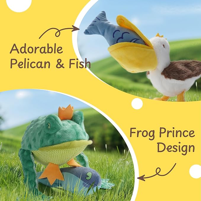 Nocciola Rip and Reveal Squeaky Dog Toys 2 Pack, Plush Animal Puzzle Set Frog & Pelican Suprise Toys Inside with Squeaker Crinkle Part Enrichment Toys for Large Medium Dogs