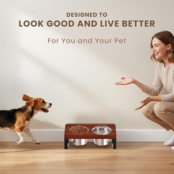 4.7" Tall Elevated Dog Bowls - Ergonomic Stainless Steel Dog Bowls with 10° Tilt in Acacia Wood Stand for Puppies, Small, and Short-Legged Breed