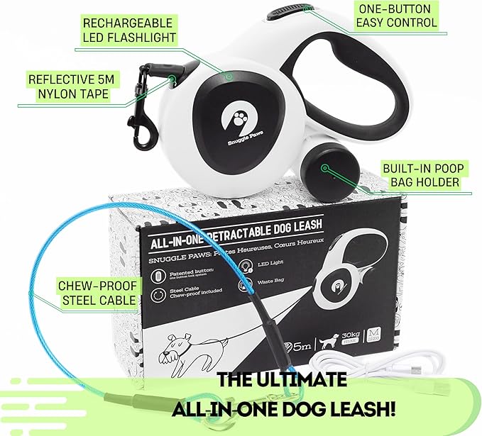 Snuggle Paws Retractable Dog Leash 16ft Heavy-Duty – All-in-One for Medium Dogs up to 66 lbs, LED Flashlight & Reflective Tape, Chew-Proof Cable Extension, No-Tangle 360° Swivel, Poop Bag Holder