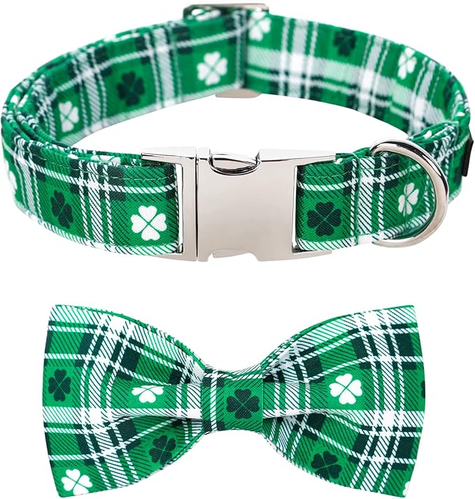 Lionet Paws St Patricks Day Dog Collar with Bowtie, Irish Green Shamrock Clover Bowtie Collar with Metal Buckle for Dogs Girl Boy, L, Neck 16-24 in