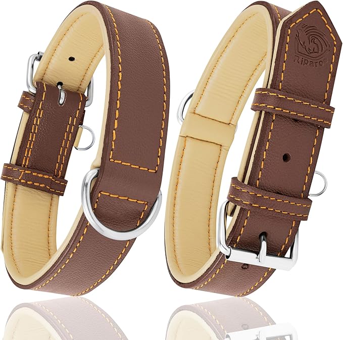 Riparo Brown Leather Dog Collar - Heavy Duty Wide Dog Collar for Small, Medium, Large and Extra Large Dogs with Dog Tag Holder (L: 1.5" Wide for 17"-21" Neck, Brown)