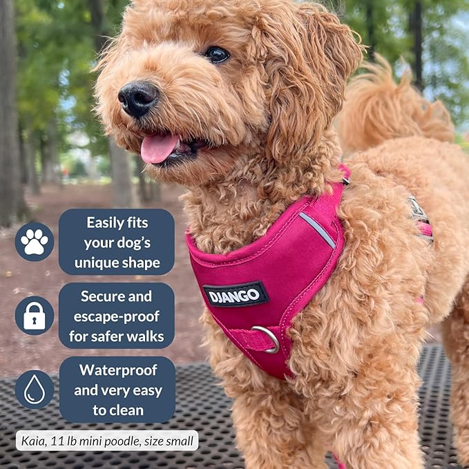 DJANGO Tahoe No Pull Dog Harness – Escape-Proof Dog Harness for Medium & Large Dogs w/Front & Back Clips for Everyday Use – Adjustable, Padded, Reflective, Secure, Easy On/Off – Hibiscus Pink, Large
