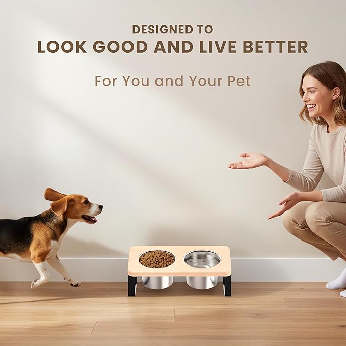 4.7" Tall Elevated Dog Bowls - Ergonomic Stainless Steel Dog Bowls with 10° Tilt in Bamboo Wood Stand for Puppies, Small, and Short-Legged Breed