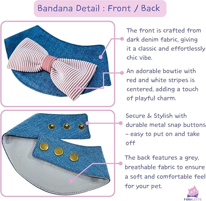 Denim Dog Bandana – Striped Bowtie, Soft & Durable Pet Scarf with Adjustable Metal Snap Buttons for Dogs & Cats (Red, Medium)