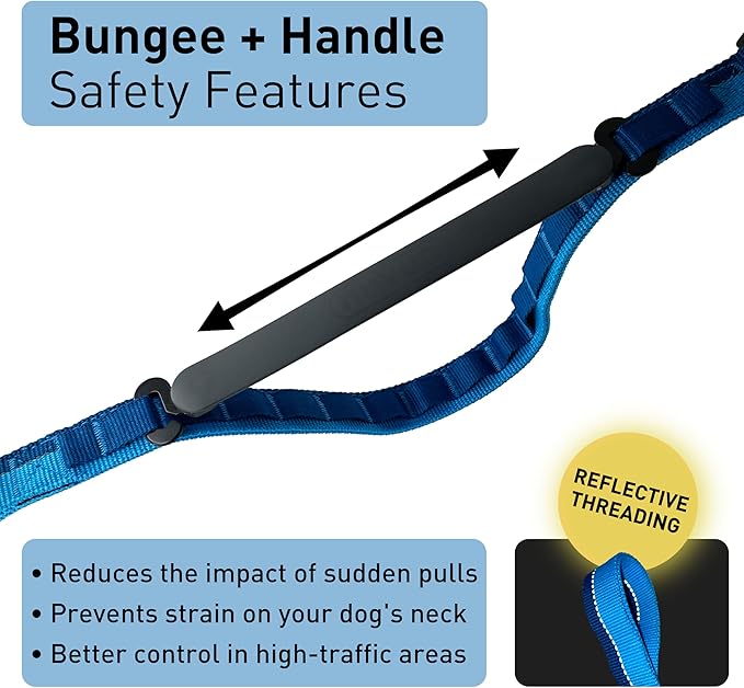 Hands Free Dog Leash - Waist Leash for Walking and Hiking with Medium and Large Dogs, Adjustable 4 to 6 FT Bungee Lead with Traffic Handle by Nuvuq (18-120 lbs, Blue)