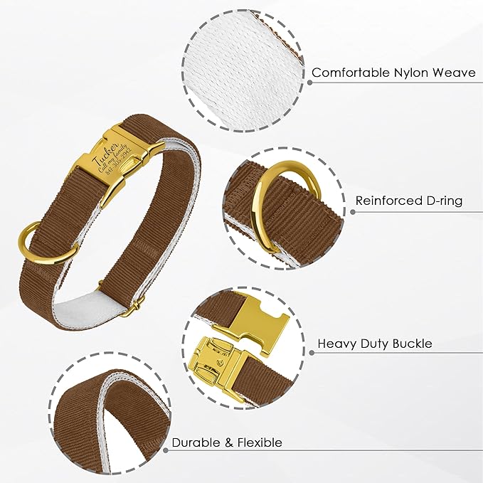 Personalized Dog Collar with Gold Metal Buckle, Velvet Custom Dog Collars for Small, Medium & Large Dogs – Puppy Collars with Metal Buckle, 4 Sizes, 8 Colors (Brown, L, 15"-19")