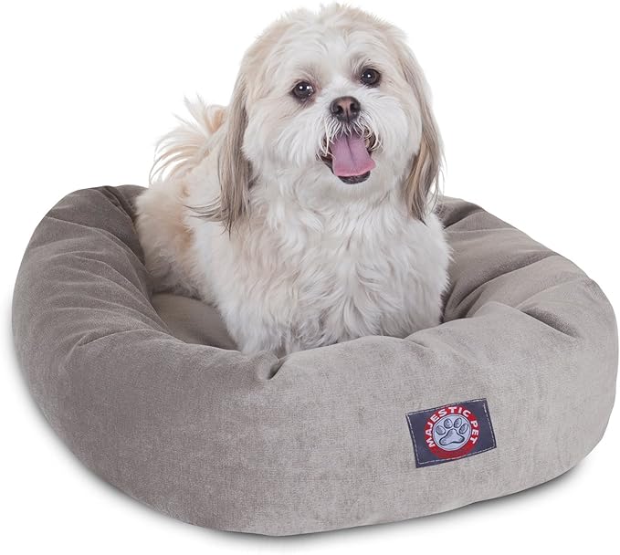 Majestic Pet 32 Inch Micro Velvet Calming Dog Bed Washable – Cozy Soft Round Dog Bed with Spine for Head Support - Fluffy Donut Puppy Mat 32x23x7 (inch) Medium - Storm