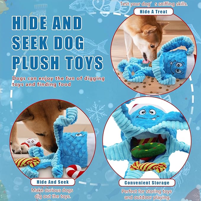 Christmas Dog Toys, Octopus Dog Toy with 10 Pcs Small Dog Toy, Crinkle Plush Dog Toy for Puppies, Interactive Holiday Pet Toys Sets (Blue)