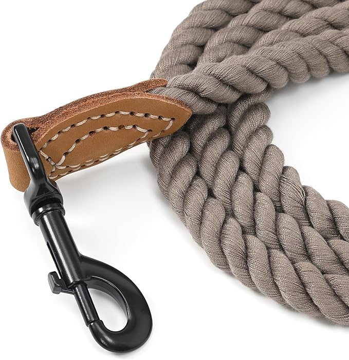 Mile High Life Dog Leash, Braided Cotton Rope Leashes with Leather Tailor Tip with Leather Tip - Heavy Duty Metal Clasp, 5FT, 1/2" Thick - Wedding, Walking Leash for Medium Large Dogs(Camel)