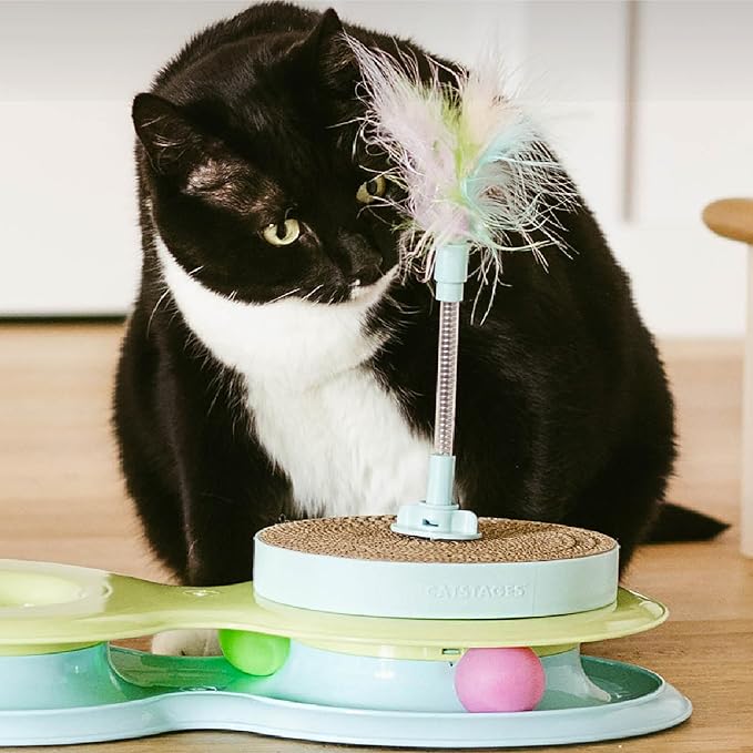 Catstages 2-in-1 Spring Cat Toy & Scratcher – Combines Play and Self Grooming Nail Care for Indoor Cats, Ball Track Add-On, Brown