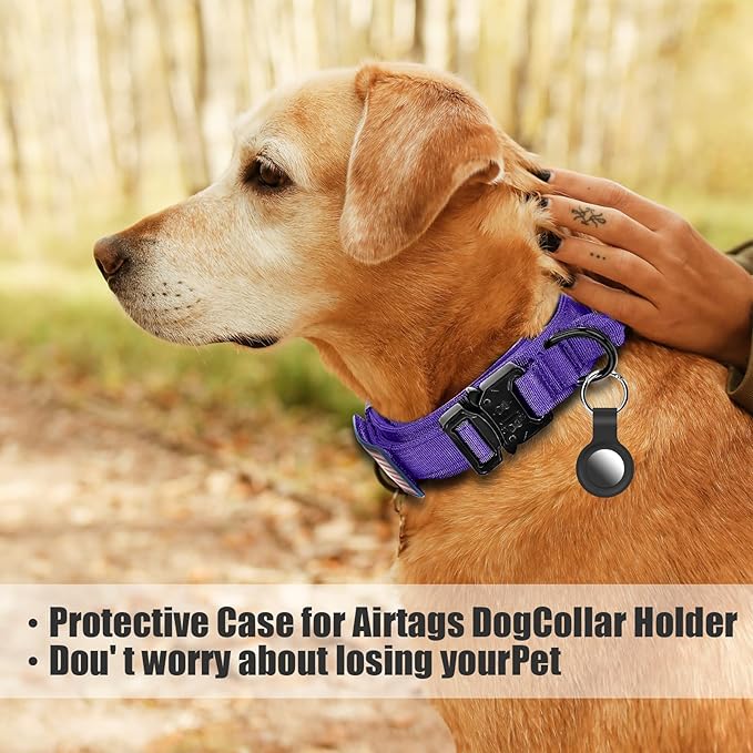 Tactical Military Collar - Adjustable Nylon, Heavy Duty Metal Buckle with Handle for Dog Training, with Patches (Purple, XL)