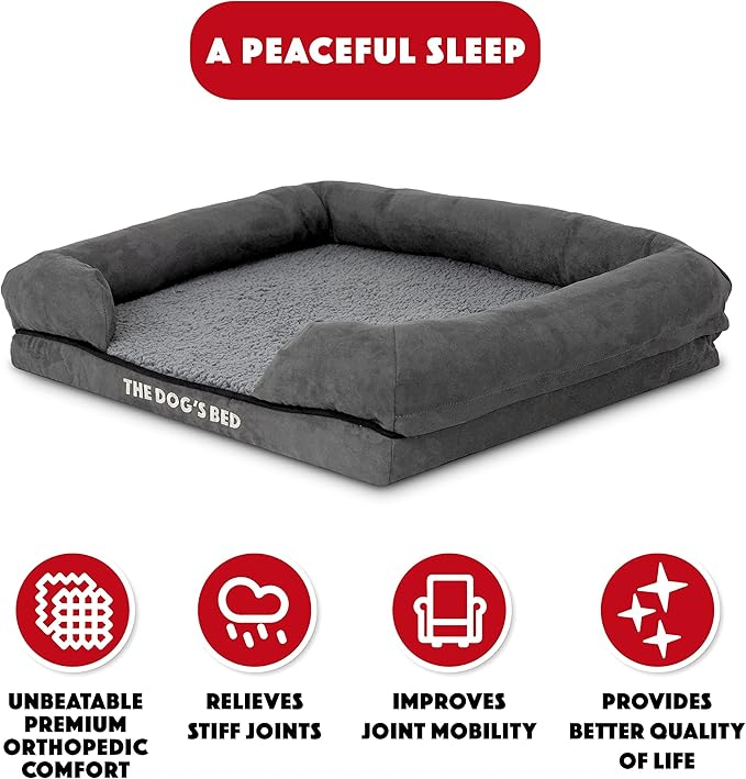 The Dog’s Bed Orthopedic Memory Foam Dog Bed with Bolsters, Plush Fabric, Grey Plush, Small