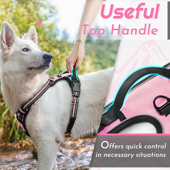 Eagloo Dog Harness for Large Dogs, No Pull Service Vest with Reflective Strips and Control Handle, Adjustable and Comfortable for Walking, No Choke Pet Harness with 2 Metal Rings, Pink, XL
