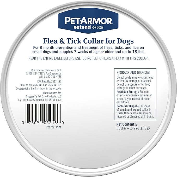 PetArmor Extend Flea & Tick Treatment & Prevention Collar for Small Dogs up to 18 lbs., 8 Months of Protection, Odorless & Non-Greasy, Waterproof, Kills Fleas, Ticks, and Flea Larvae, 1 Count