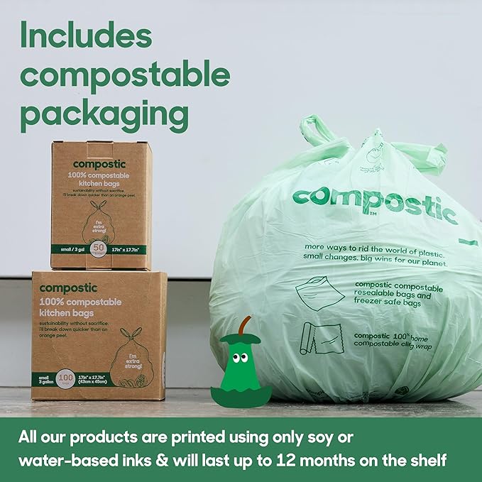 Compostic Home Compostable Trash Bags, 2.99 Gallon Small Kitchen Rubbish Bags, Extra Strong & Quickly Breaks Down, 100 Count