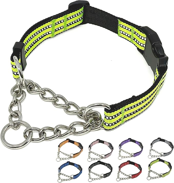 Martingale Dog Collars, Reflective Nylon Collar with Stainless Steel Chain, Adjustable Walking Training Dog Collars with Quick Release Buckle, Suitable for Small Medium Large Dogs(Green,XL)