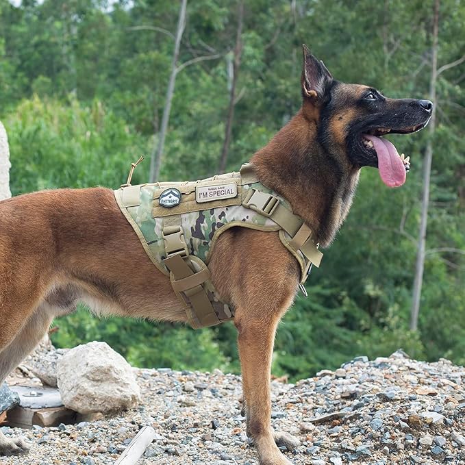 Tactical Dog Harness Vest with Handle, Military Dog Harness for Large Medium Dogs,No-Pull Service Dog Vest with Hook & Loop Panels,Adjustable Dog Vest Harness for Walking Hiking Training（Camo,M）