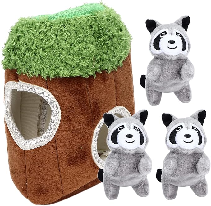 Cyrank Hide and Seek Dog Toy, Raccoon Tree House Dog Puzzle Toys Squeaky Plush Dog Game Toys Funny Dog Toy for Puppy and Small Dog