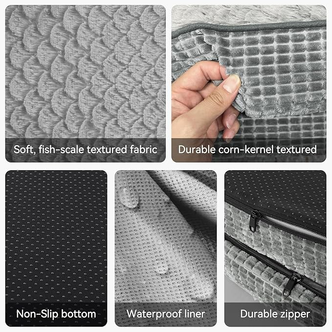 JOEJOY Orthopedic Dog Beds Large Sized Dog, XL Egg-Crate Memory Foam Pet Couch Bed with Bolster Sides, Waterproof Lining, Removable Washable Cover & Non-Slip Bottom, Light Grey
