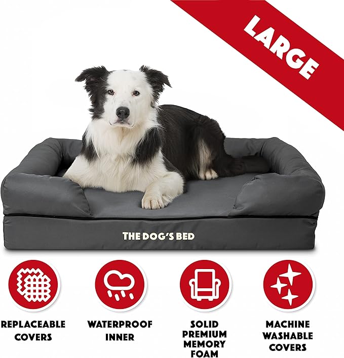 The Dog’s Bed Orthopedic Memory Foam Dog Bed with Bolsters, Oxford Fabric, Grey with Black Trim, Large