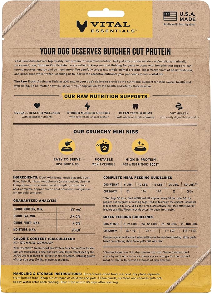 Vital Essentials Freeze Dried Dog Food, Raw Duck Crunchy Mini Nibs | Complete Meal or Mixer | High Protein, Low Carb, Grain Free, Dry Dog Food | 5.5 oz