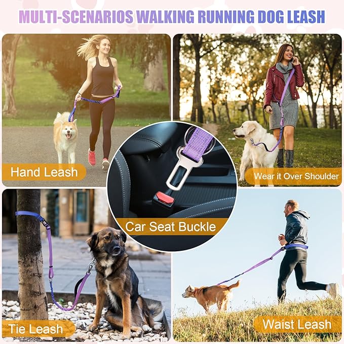 Heavy Duty Hands Free Dog Leash, 4-6 FT Reflective Adjustable Waist Dog Leash Belt with Padded Handles, Shock Absorbing Bungee and Car Seat Belt for Large Medium Dogs (Purple Blue, L)