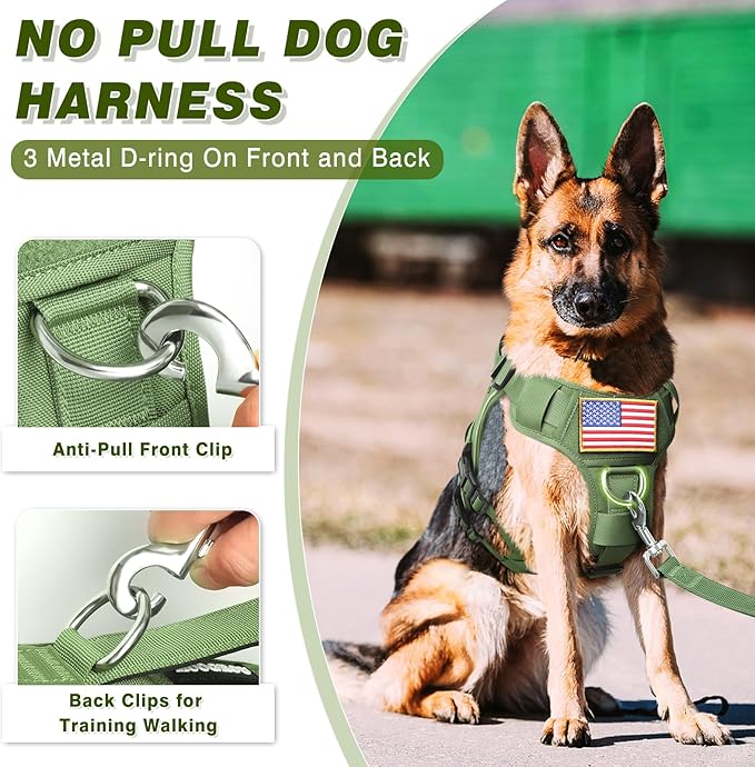 Service Dog in Training Vest and Leash Set with 10 Patches,Heavy Duty Tactical Dog Harness with Metal Buckles for Large Dogs,No Pull Easy Walking for Training Working Hiking,Green L