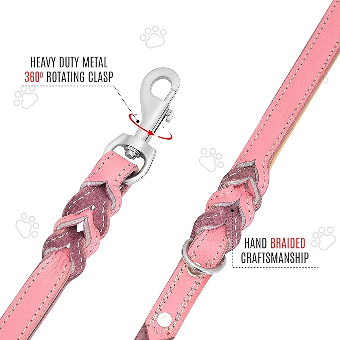Riparo Leather Dog Leash - Pink, 6FT Long for Small Dogs