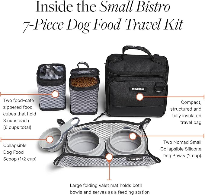 Cleverpup Small 7-Piece Bistro Box Dog Food Travel Kit, 6-Cup BPA-Free Kibble Storage, 2 Silicone Bowls, Mat & Scoop - Portable Pet Food Kit for Weekends, Overnights, Daycare & Camping, Graphite