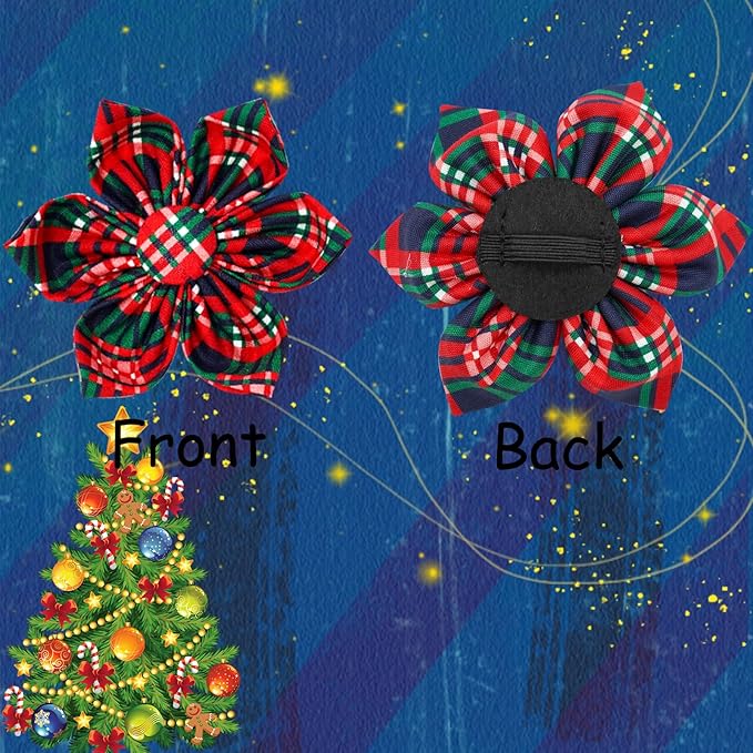 Elegant Little Tail Red Plaid Christmas Dog Collar with Flower for Large Dogs